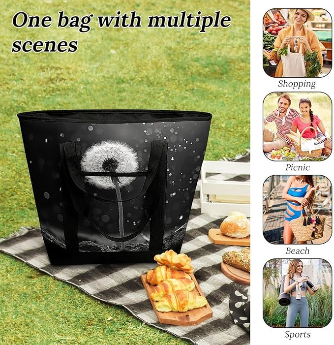 Insulated Shopping BagLarge Reusable Cooler Bags Dandelion Black And White Printed Foldable Shopping BagTravel Waterproof Shoulder Bag
