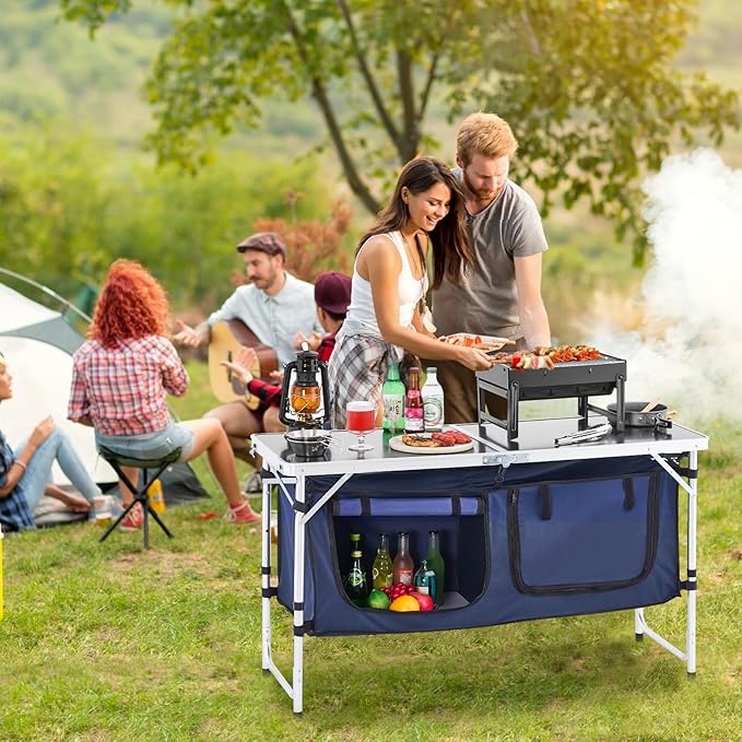 VEVOR Camping Kitchen Table Folding Outdoor Cooking Table 3 Adjustable Height Aluminum Lightweight Portable Cook Station with Storage Organizer Carry Handle for BBQ Party Picnic RV Travel Blue