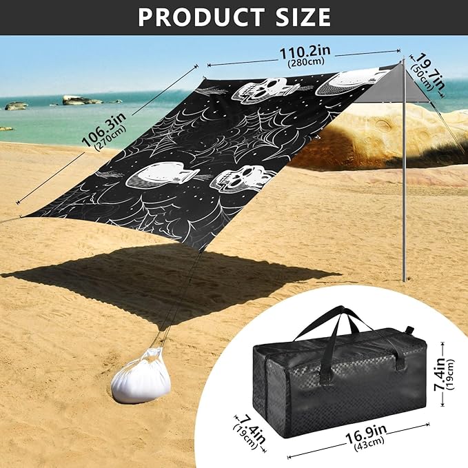 ALAZA Skull Spider Web Beach Tent Sun Shelter UPF50+ Protection Beach Shade Canopy w/ 4 Sandbags for Outdoor Camping Fishing Backyard Fun Picnic 10x9 ft