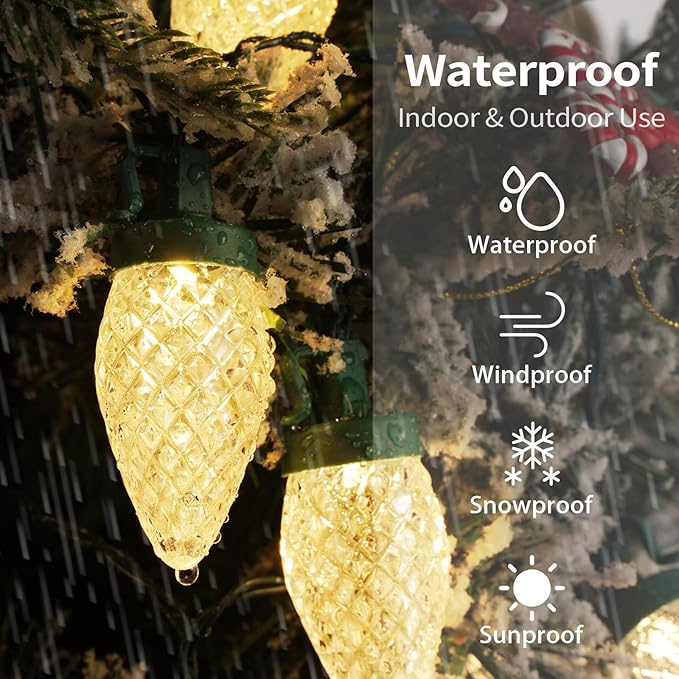 Brightever C9 Battery Christmas Lights 35FT 50LED Christmas Tree Lights Indoor with Timer &amp 8 Lighting Modes Waterproof Battery String Light for Party Wedding X-mas Decoration Warm White 1-Pac