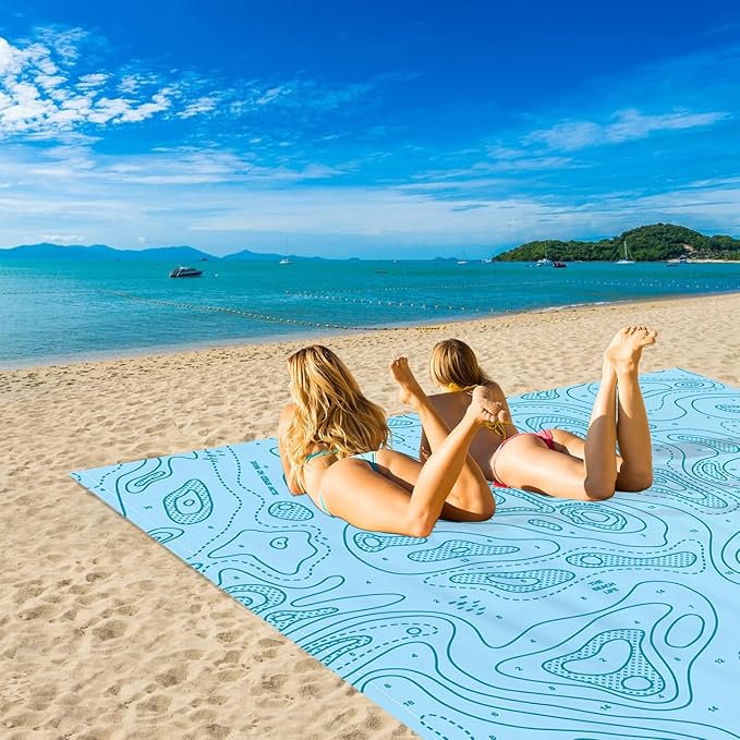 Beach Blanket Waterproof Sandproof 78”x 86” Large Sand Free Beach Mat with 4 Stakes &amp Portable Bag Big Flodable Compact Outdoor Pockets Picnic Blanket