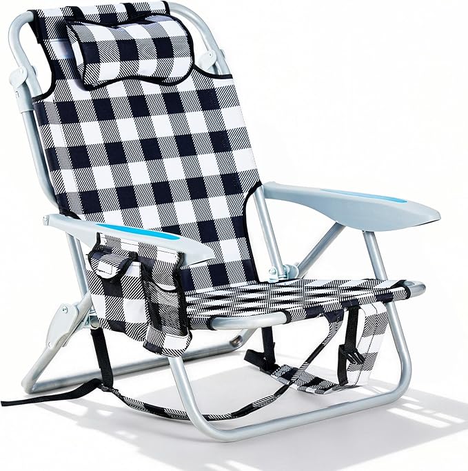 Portable Beach Chair for Adults Outdoor Camping Chair Lay Flat Folding Backpack Beach Reclining Chair with 5 Positions Headrest Cup Holder Heavy Plaid