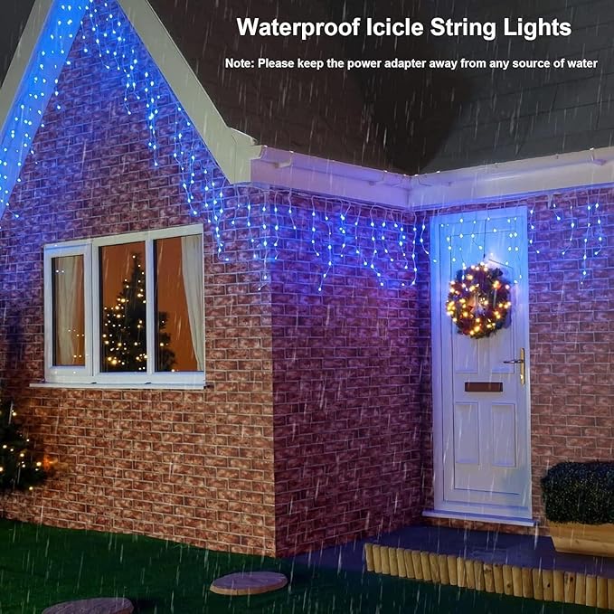 Joomer Christmas Icicle Lights - 66FT String Lights Outdoor Waterproof 8 Modes Timer Connectable Plug-in String Light for Eaves Roofs Christmas Decorations (Blue Non-Connectable)