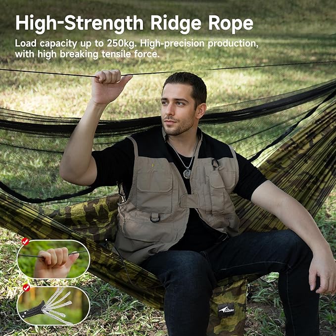 Camping Hammock with Mosquito Net and Ridge Rope Extra Large for 2 Person Lightweight Hanging Hammocks Tree Straps All-in-one Fast Open Hammock for Outside Hiking and Travel