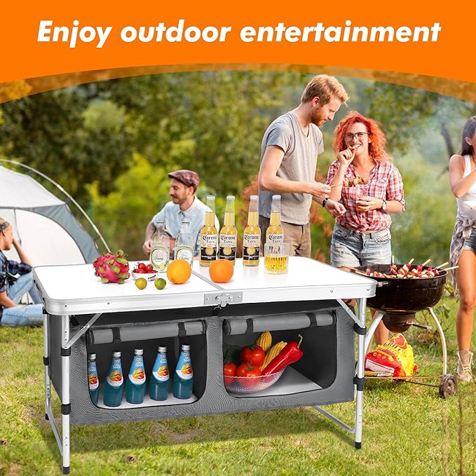 Camp Field Camping Folding Aluminum Table with Adjustable Legs for Outdoor Travel Beach Backyards BBQ Party and Picnic Foldable Table