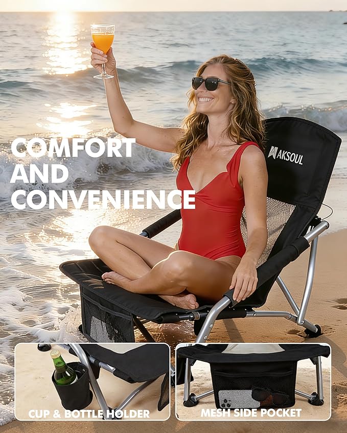 AKSOUL Folding Beach Chair for Adults: Low/High Back Chairs with Carry Bag - Extra Wide Seat Chair with Comfortable Pillow &amp Storage Pocket (1 Pack &amp 2 Pack Blue)