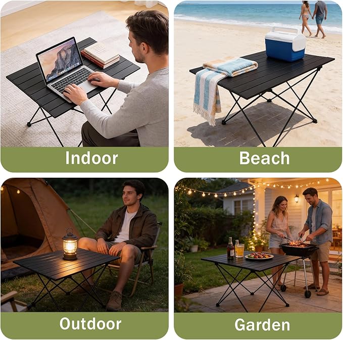 Camping Table 27” Aluminum Roll-Top Folding Table Lightweight &amp Heavy-Duty Outdoor Table with Carry Bag Easy Setup for Camping BBQ &amp Picnic