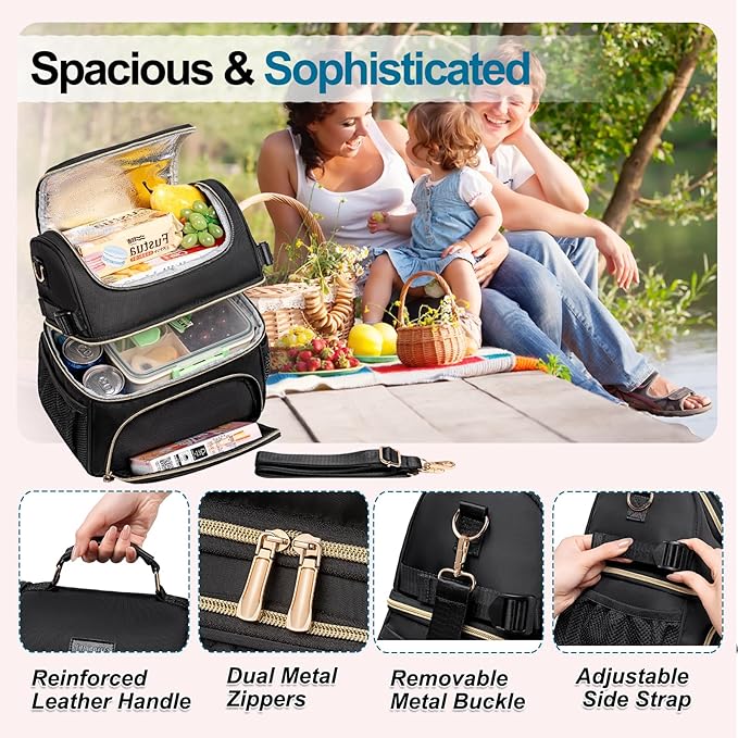 Lunch Bags for Women Dual Compartment Lunch Box Lunch Bag for Work Leakproof Lunch Cooler Large Insulated Lunchbox for Adult for Women Men Lunchbag for Picnic Beach (Black)
