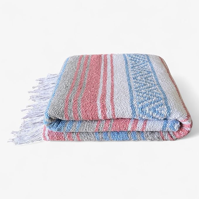 Authentic Handwoven Mexican Blanket Falsa Serape - Soft &amp Durable - Vibrant Beach Picnic Yoga &amp Camping Mat - Traditional Boho Throw - Outdoor Blanket 70x50 (Bubblegum)