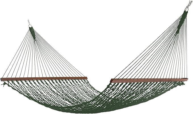 Hatteras Hammocks Deluxe Green DuraCord Rope Hammock – 13 ft. x 60 in. 2-Person 450 lb Capacity Cumaru Spreader Bar Zinc-Plated Hardware – Handcrafted in The USA