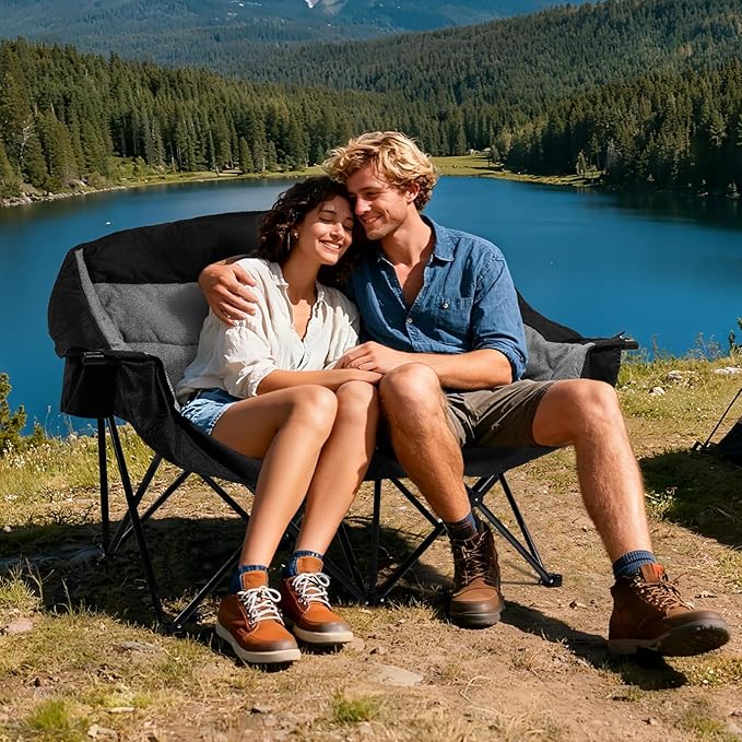 apollo walker Oversized Double Camping Chair for 2 Person - Extra Wide &amp Heavy Duty 600lbs Camp Couch with Dual Cup Holder &amp Carry Bag Camping Loveseat for Outdoor Lawn Beach Park