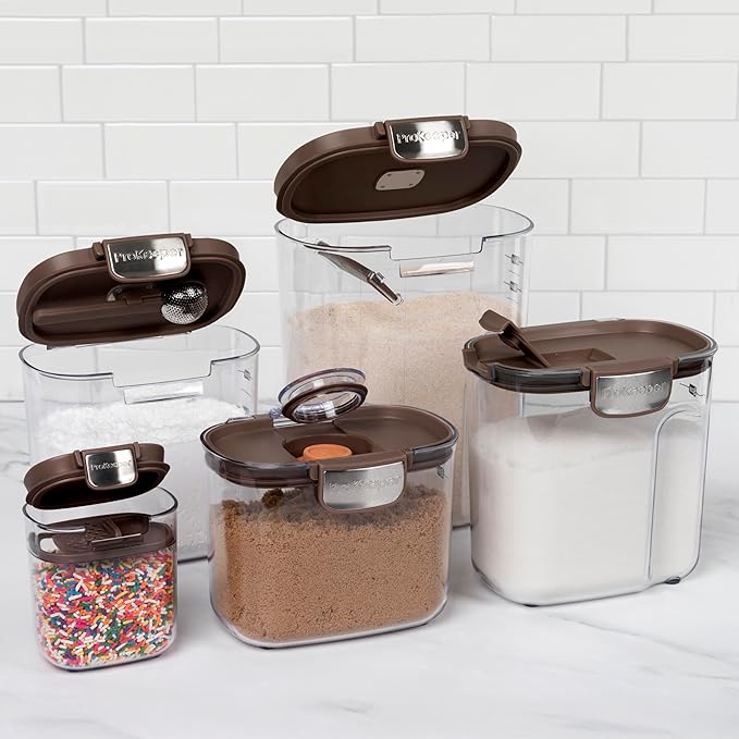 ProKeeper+ Airtight Food Storage Container Set – Clear Plastic Flour and Sugar Canister Set with Magnetic Accessories for Kitchen Organization (Brown 9-Piece)