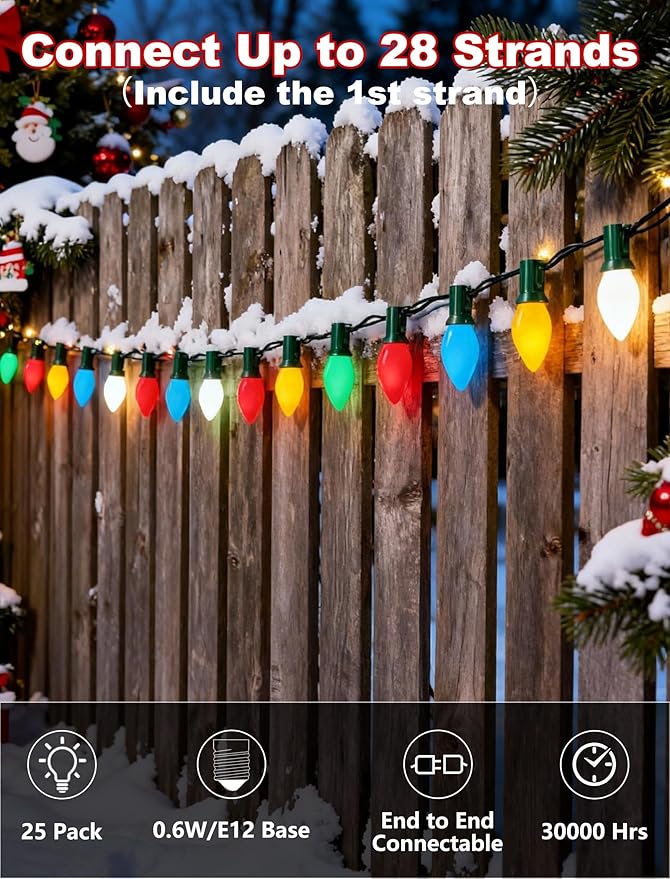 C7 LED Christmas Lights 25Ft Multicolor Christmas String Lights Outdoor with 27 Ceramic LED Light Bulbs String Lights for Tree Decor Patio Carnival E12 Candelabra Base Base