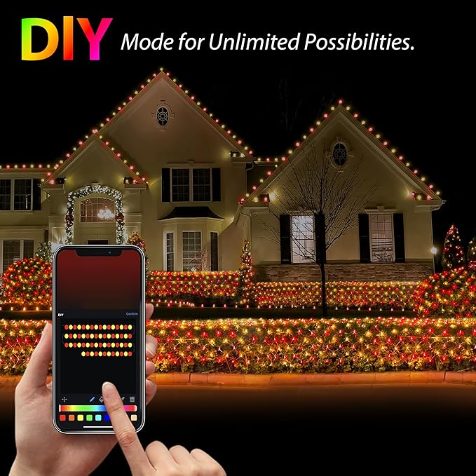 4ft x 18ft Smart Christmas Net Lights Outdoor Mesh Lights 300 LEDs Bluetooth App Prpgrammable 105+ Scene Modes Music Sync IP44 Waterproof Timer RGB Bush Light for Tree Fence Holiday Decorations
