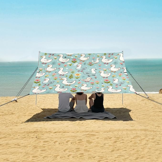 Camping Sun Shelters Hand Drawn Spring Pattern with Cute Cartoon Goose Beach Canopy 126 * 110.2in