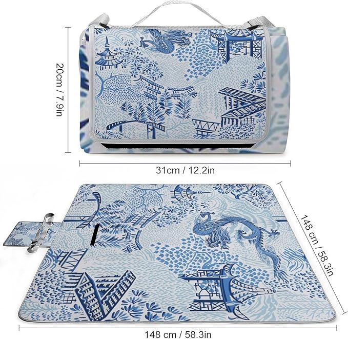Blue and White Chinese Folk Chinoiserie Style Waterproof Outdoor Picnic Blanket Sandproof Beach Mat for Camping Hiking Grass Travelling