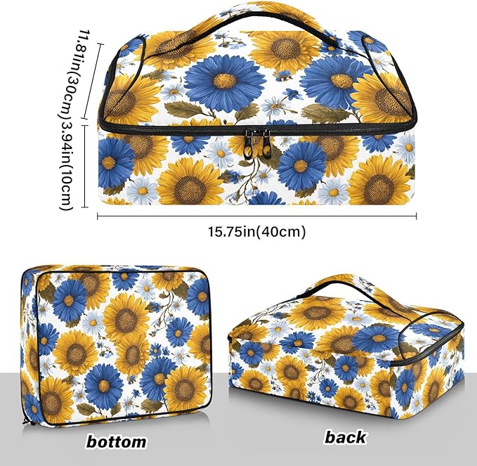 Casserole Carrier Pattern Sunflowers and Blue DaisiesInsulated Casserole Carrier for Hot or Cold Food Thermal Lunch Tote for Potluck Parties Picnic Beach Fits 9 x 13 Inches Baking Dish