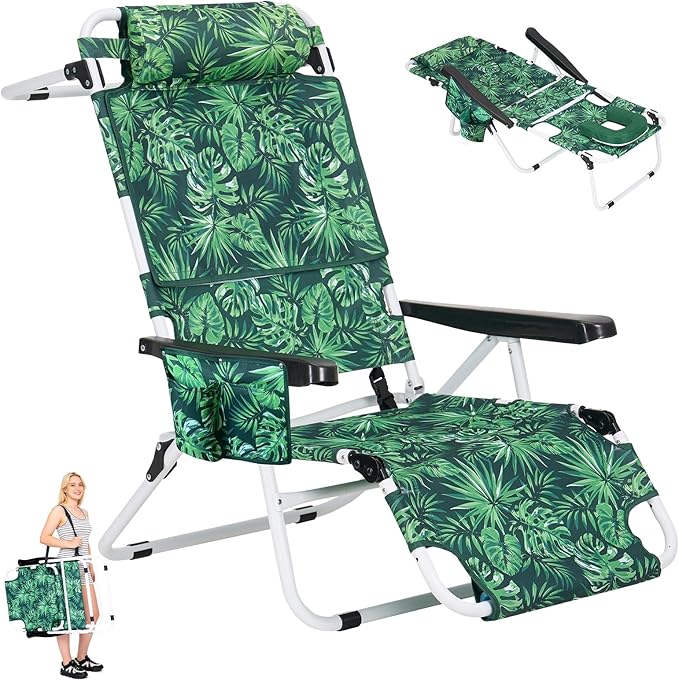 3 N 1 Beach Chair w/ Face Cushion &amp Arm Holes Lightweight Lawn Reclining Lounge Chair w/ Adjustable Backrest &amp Footrest5 Position Folding Chair for Outdoor Patio Backyard 440lb Weight Capa