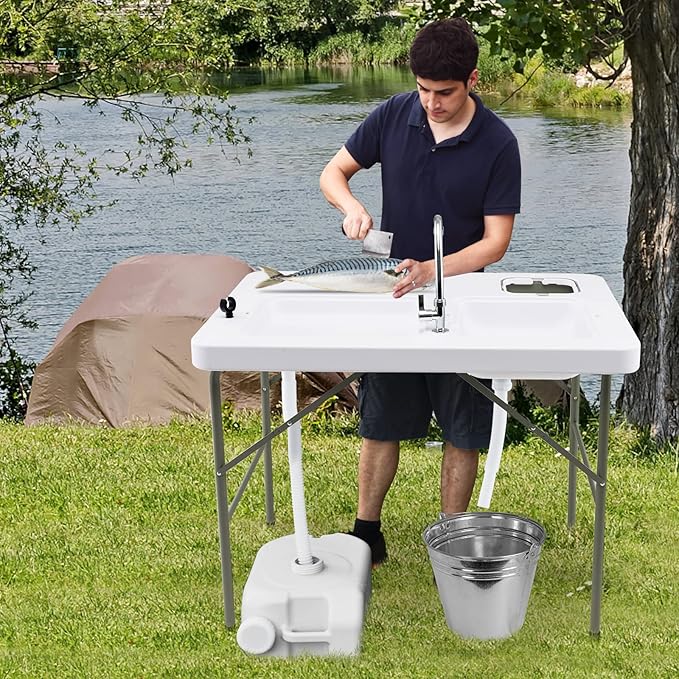 LDAILY Moccha Fish Cleaning Table Folding Fillet Table with 2 Built-in Sinks &amp 360° Rotatable Faucet Portable Outdoor Picnic Table with Stainless Steel Water Inlet Pipe for Camping Fishing BBQ