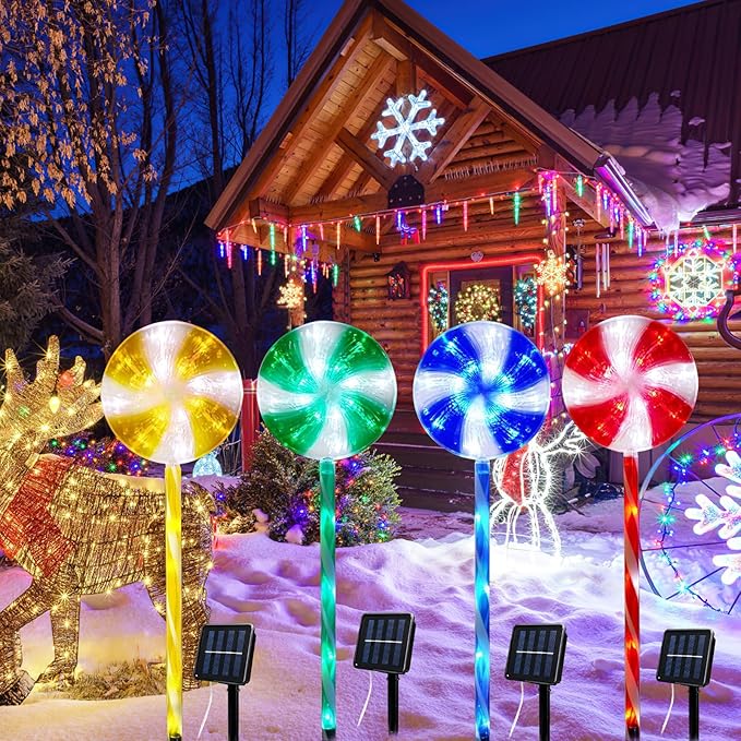 4PCS Lollipop Peppermint Solar Candy Cane Lights Outdoor - Christmas Solar Pathway Lights Christmas Lollipop Decorations 8 Modes Candy Cane Pathway Light for Outside Yard Walkway