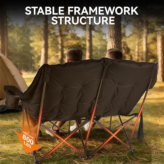 High Back Double Camping Chair 2 Person Camping Chair Low Seat Loveseat Camping Chair Fully Padded Oversized Camping Couch for Adults - Supports 650 LBS with Cup Holders Carry Bag - Brown