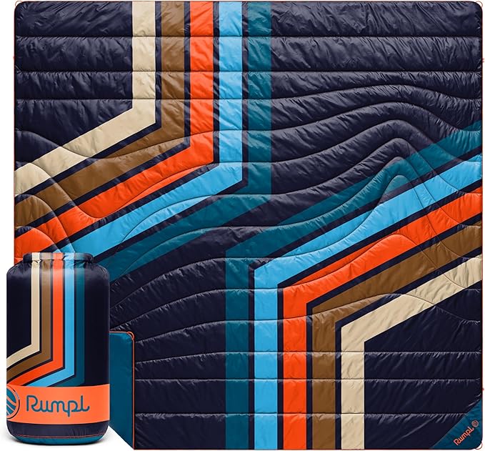 Rumpl Original Puffy 2-Person Blanket for Camping and Outdoors Midnight Retro Stripes