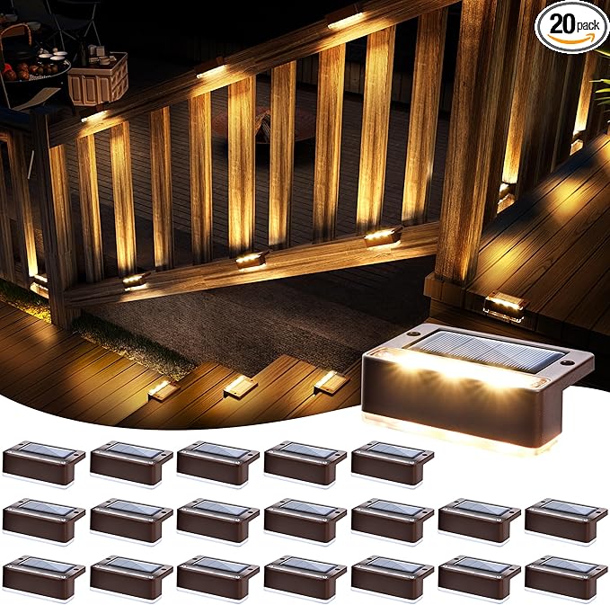 SOLPEX Solar Fence Lights Solar Deck Lights Outdoor Waterproof for Step Stair BalconyFront PorchGarden WalkwayYard Patio Decor IP65 Waterproof (20 Pack Warm White) 6 LEDs