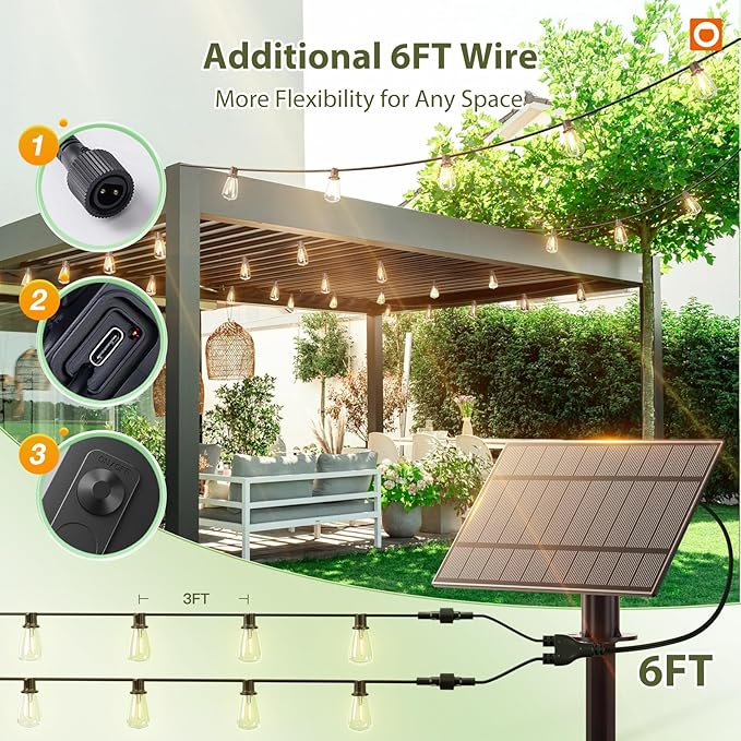 addlon 102(96+6) FT Solar String Lights WaterproofPatio Light Solar Powered with Remote &amp USB Port 3 Modes 30+2 LED Shatterproof Bulbs Outdoor Lighting for Camping Backyard Garden