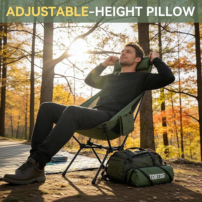 TOBTOS Portable High Back Camping Chair Support 440 lbs Ultralight Folding Chair with Head Support Compact Backpacking Chair for Outdoor Camp Backpacking Fishing (Green)