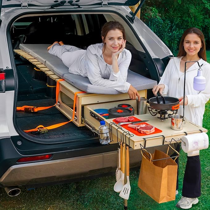 SUV Sleeping Bed Platform Slide Out Overland Kitchen All in One Folding Camping Table with Storage Drawer Truck Bed Slide Overland Gear for SUV Trunk Car Camping Essentials Stove