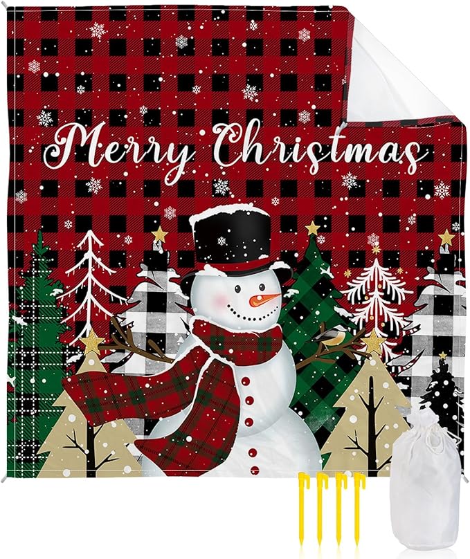 Beach Blanket Waterproof Sandproof OversizedMerry Christmas Snowman Pine Tree Beach Mat with Corner Stakes Sand PocketsSnowflake Red Black Buffalo Plaid Outdoor Picnic Mat for Travel 108x84In