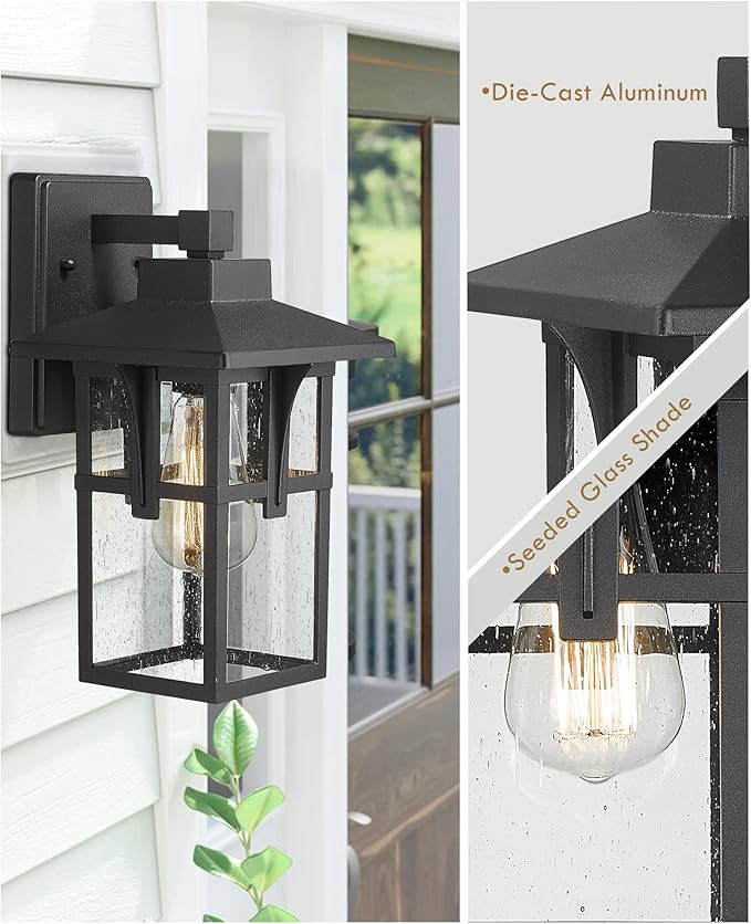Outdoor Light Fixture HWH Large Outdoor Wall Lantern 1-Light Exterior Wall Mount Light with Seeded Glass Matte Black Finish 15 Height HX1B BK (Large)
