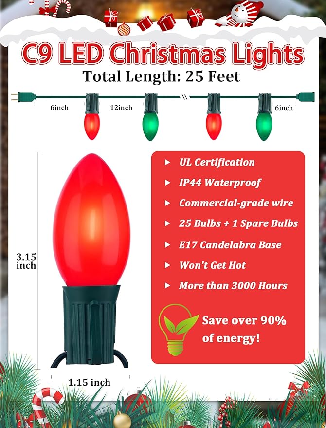 C9 LED Christmas String Lights 25FT Vintage Multicolor Lights with 27 C9 Red/Green Ceramic LED Bulbs Outdoor String Lights for Christmas Tree Party Backyard - Green Wire