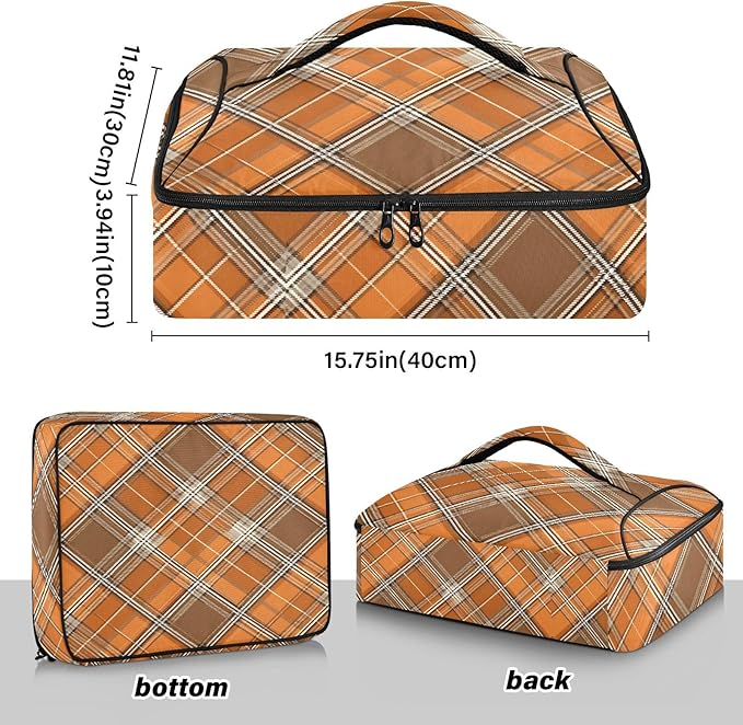 Casserole Carrier Orange and Brown Tartan Print Pattern Insulated Casserole Carrier for Hot or Cold Food Thermal Lunch Tote for Parties Picnic Travel Carry Bag