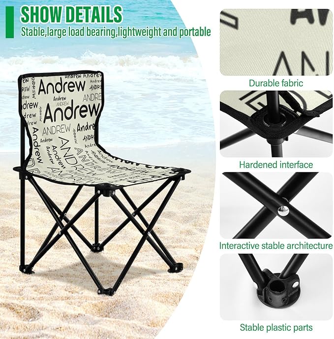 Sinestour Beige Custom Folding Camping Chair for Teen Child Personalized Name 14.6×14.6in Portable Outdoor Chair with Carry Bag for Picnic Barbeques Beach