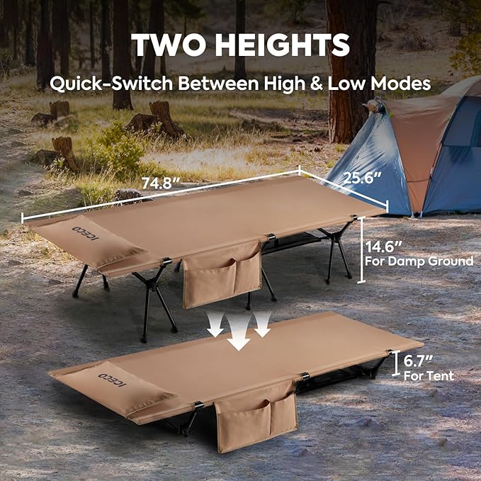 ICECO Camping Cot with Camping Blanket for Adults 900D Oxford Fabric Height Adjustable with Cot Leg Extenders Sleeping Cot for Camping Hiking Beach Home Lightweight Comfortable (L-Khaki)