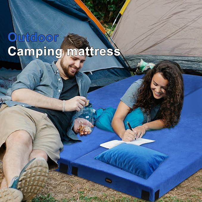 Memory Foam Camping Mattress pad Sleeping Mat for Adults with Non-Slip Bottom Portable Roll Up Mattress Cot Pad for Car Camping(Twin XL Blue)
