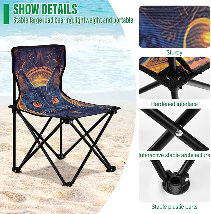 Cat with Yellow Eyes Boho Style Collapsible Foldable Chair Ultralight Portable Chairs for Adults Includes Carry Bag Hiking Chair for Fishing Fishing