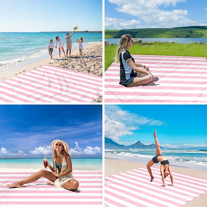 BEW Beach Blanket Sandproof Waterproof Pink Striped Picnic Blanket Extra Large 9 Ft X 10 Ft for 8 Adults with Stakes and Sand Pocket Compact Lightweight Sand Free Beach Mat Essential