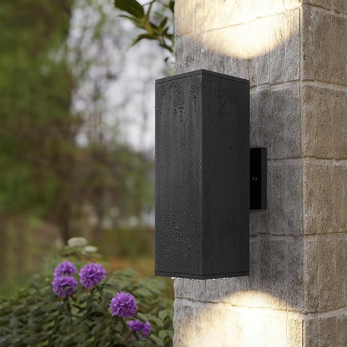 mirrea Modern Outdoor Porch Light Patio Light in 2 Lights with Aluminum Rectangular Tube and Tempered Glass Cover Waterproof Wall Sconce 2 Pack (Matte Black 14)