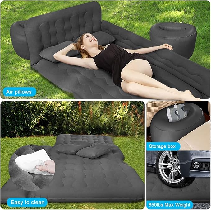 ISWEES Car Bed SUV Air Mattress Car Air Mattress with Electric Pump 2 Inflatable Pillows and 2 Footrests for Back Seat Side SeatTrunk Sleeping Thickened Camping Bed - Black