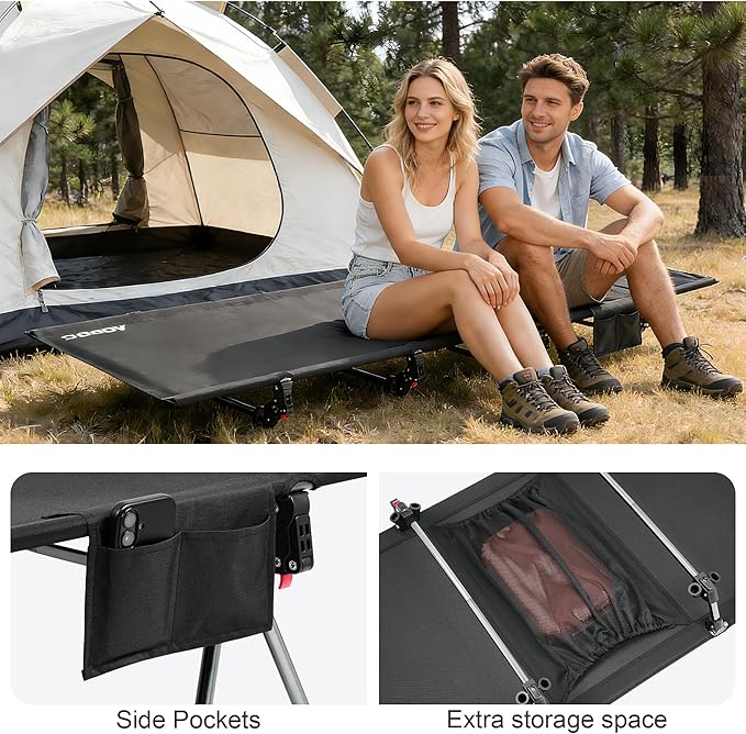 75 Camping Cot Heavy Duty 330lbs Capacity Adjustable Height with Leg Extenders Lightweight Aluminum Frame Portable Folding Bed for CampingTravel Beach Office Nap