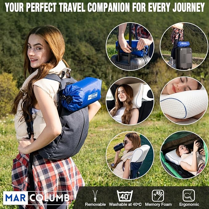 Travel &amp Camping Comfortable Memory Foam Pillow – Easy to Carry Portable Bag – Temperature Regulating Pillow Case - Perfect for Travelling (White Contour)