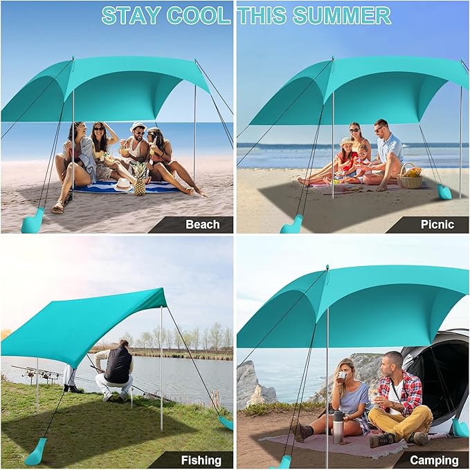 Beach Tent Sun Shelter UPF50+ with Sandbags Sand Shovel &amp Windproof Poles - Portable Pop Up Canopy for Beach Camping Picnics Backyard &amp Fishing (Cyan6.9x6.5FT)