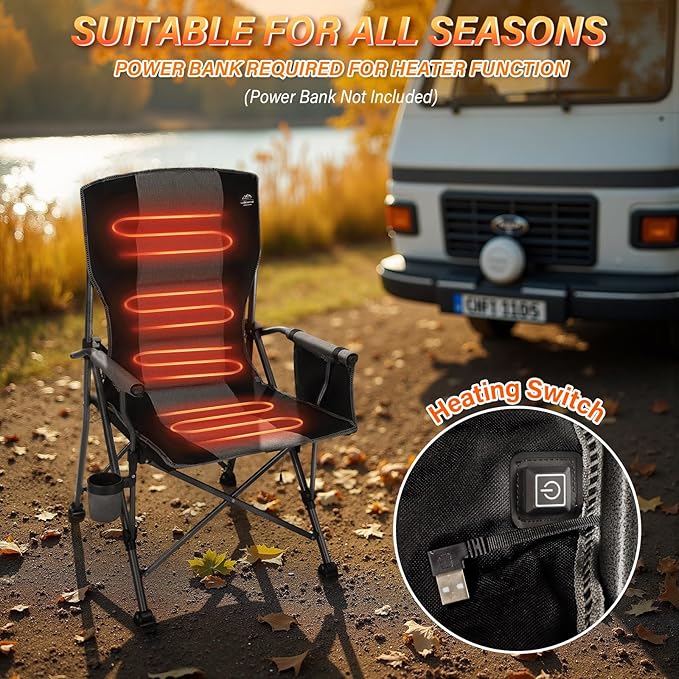 Heated Camping Chair w/Hard Armrest3 Heat Levels Folding Outdoor Camp Chair w/Cup HolderHeavy Duty Padded Portable Heating Lawn Chair Support 400 LbsBlackBattery NOT Included