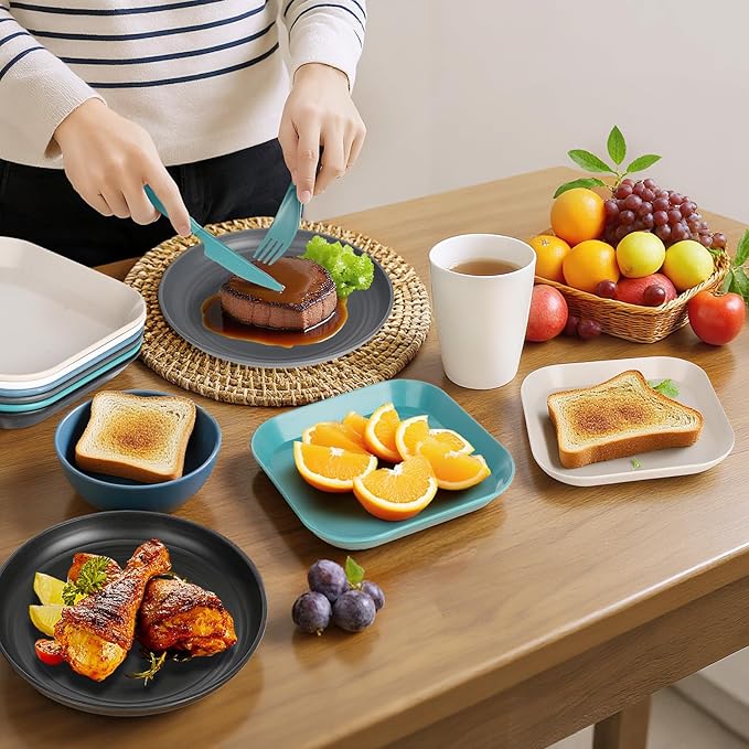 66 Pcs Wheat Straw Dinnerware Sets Unbreakable Dinnerware Set Reusable Wheat Straw Plates and Bowls Set for 6 Camping Mess Kit for TravelCamping EssentialsPicnicHomeParty