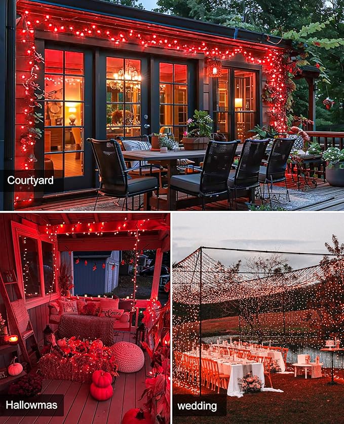 197FT 600 LED Christmas Lights Outdoor Plug in Red Valentine Lights with 8 Modes &amp Waterproof Connectable Green Wire String Lights for Outside Indoor Home Garden Yard Party Holiday Decorations