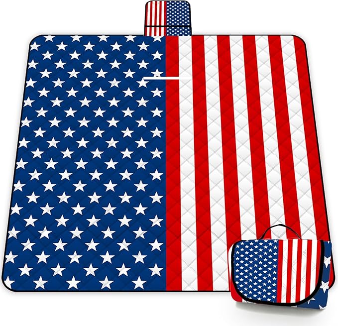 Poedist Large Waterproof Picnic Blanket 80 x 80 Set of Two Picnic Mats Pink Flowers and Flag
