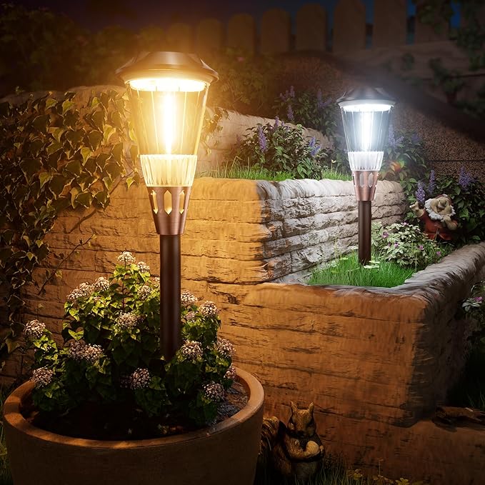 Bright Solar Lights Outdoor 6 Pack 2-in-1 Warm&ampCool Solar Pathway Lights Waterproof IP65 Auto On/Off Outdoor Light for Path Walkway Driveway Lawn
