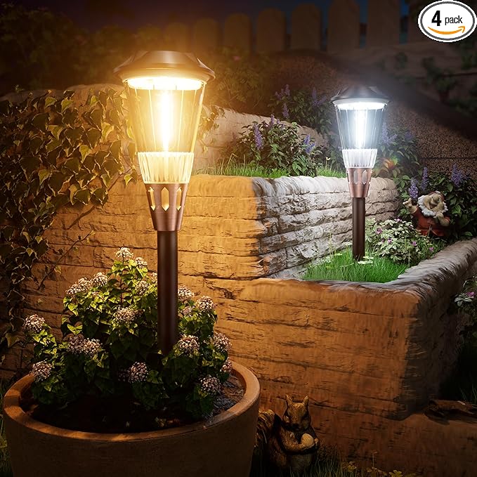 4 Pack Solar Pathway Lights Waterproof IP65 2-in-1 Warm&ampCool Solar Lights Outdoor Bright Solar Light Outside Pathway Auto On/Off Outdoor Light for Yard Walkway Driveway Landscape